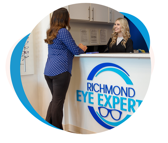 Woman checking in at Richmond Eye Experts for dry eye treatment