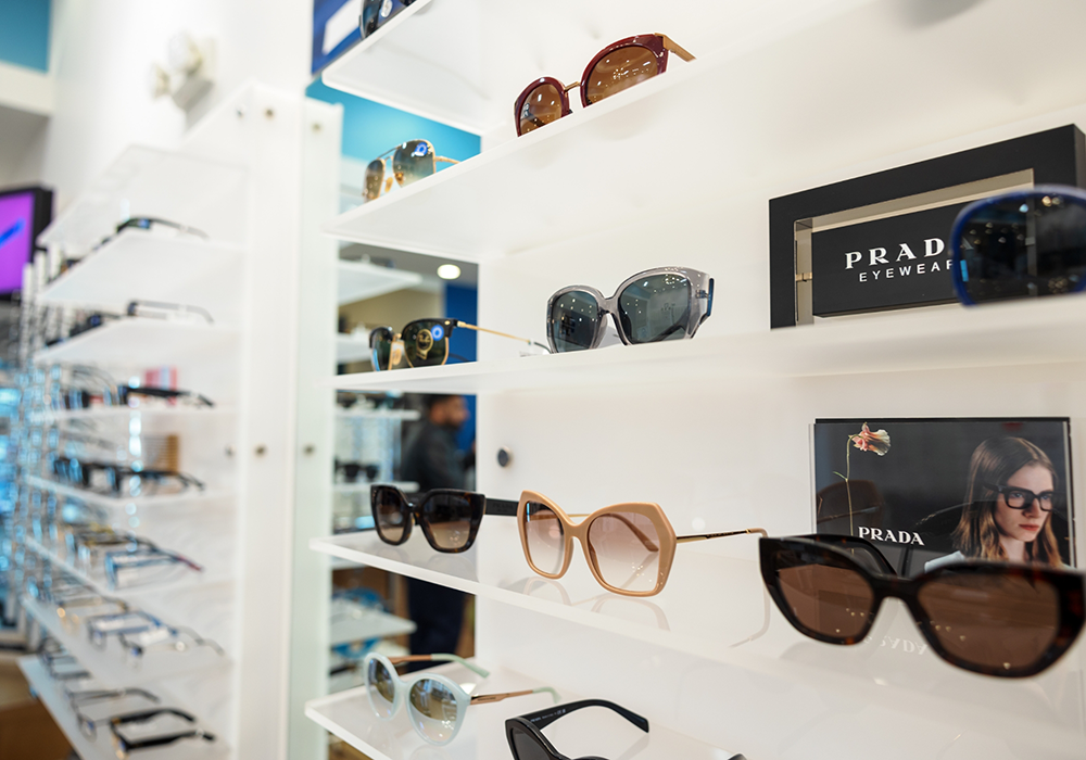 Close up of a display shelf of eyeglasses